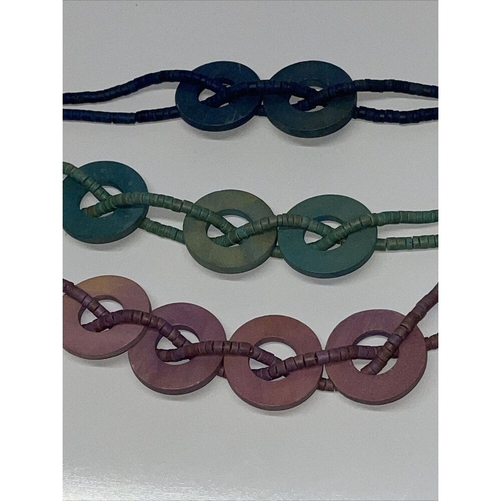 Vintage multi strand multi color purple green & blue wood beaded necklace Circle - Picture 10 of 15